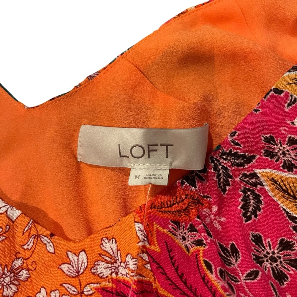 LOFT Women Medium‎ Coral Orange Pink Floral Tropical Vacation Summer Blouse Top - Picture 6 of 11